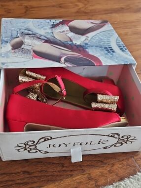 Joyfolie Red Satin Mary Jane Heels with Gold Glitter Bow Accent